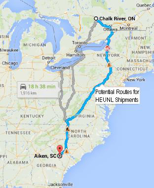 Three possible routes for the nuclear waste transfer